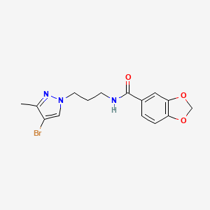 molecular formula C15H16BrN3O3 B4361256 N-[3-(4-bromo-3-methyl-1H-pyrazol-1-yl)propyl]-1,3-benzodioxole-5-carboxamide 