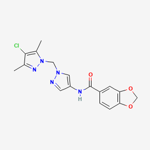 molecular formula C17H16ClN5O3 B4361288 N~5~-{1-[(4-CHLORO-3,5-DIMETHYL-1H-PYRAZOL-1-YL)METHYL]-1H-PYRAZOL-4-YL}-1,3-BENZODIOXOLE-5-CARBOXAMIDE 