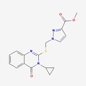 molecular formula C17H16N4O3S B4361362 METHYL 1-{[(3-CYCLOPROPYL-4-OXO-3,4-DIHYDRO-2-QUINAZOLINYL)SULFANYL]METHYL}-1H-PYRAZOLE-3-CARBOXYLATE 