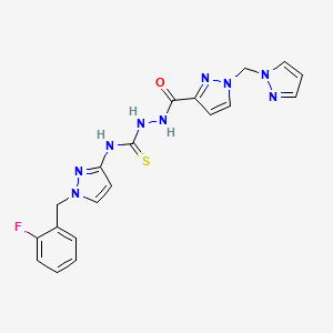 molecular formula C19H18FN9OS B4365044 N~1~-[1-(2-FLUOROBENZYL)-1H-PYRAZOL-3-YL]-2-{[1-(1H-PYRAZOL-1-YLMETHYL)-1H-PYRAZOL-3-YL]CARBONYL}-1-HYDRAZINECARBOTHIOAMIDE 