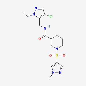 molecular formula C16H23ClN6O3S B4366058 N~3~-[(4-CHLORO-1-ETHYL-1H-PYRAZOL-5-YL)METHYL]-1-[(1-METHYL-1H-PYRAZOL-4-YL)SULFONYL]-3-PIPERIDINECARBOXAMIDE 