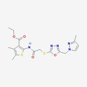 molecular formula C18H21N5O4S2 B4366099 ETHYL 4,5-DIMETHYL-2-{[2-({5-[(3-METHYL-1H-PYRAZOL-1-YL)METHYL]-1,3,4-OXADIAZOL-2-YL}SULFANYL)ACETYL]AMINO}-3-THIOPHENECARBOXYLATE 