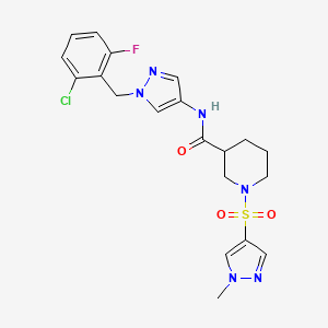 molecular formula C20H22ClFN6O3S B4366469 N~3~-[1-(2-CHLORO-6-FLUOROBENZYL)-1H-PYRAZOL-4-YL]-1-[(1-METHYL-1H-PYRAZOL-4-YL)SULFONYL]-3-PIPERIDINECARBOXAMIDE 