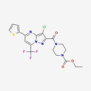 molecular formula C19H17ClF3N5O3S B4367012 ETHYL 4-{[3-CHLORO-5-(2-THIENYL)-7-(TRIFLUOROMETHYL)PYRAZOLO[1,5-A]PYRIMIDIN-2-YL]CARBONYL}TETRAHYDRO-1(2H)-PYRAZINECARBOXYLATE 
