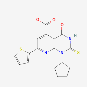 molecular formula C18H17N3O3S2 B4369376 METHYL 1-CYCLOPENTYL-4-OXO-2-SULFANYL-7-(2-THIENYL)-1,4-DIHYDROPYRIDO[2,3-D]PYRIMIDINE-5-CARBOXYLATE 