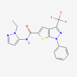 molecular formula C18H14F3N5OS B4371193 N~5~-(1-ETHYL-1H-PYRAZOL-5-YL)-1-PHENYL-3-(TRIFLUOROMETHYL)-1H-THIENO[2,3-C]PYRAZOLE-5-CARBOXAMIDE 