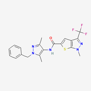 molecular formula C20H18F3N5OS B4371413 N~5~-(1-BENZYL-3,5-DIMETHYL-1H-PYRAZOL-4-YL)-1-METHYL-3-(TRIFLUOROMETHYL)-1H-THIENO[2,3-C]PYRAZOLE-5-CARBOXAMIDE 