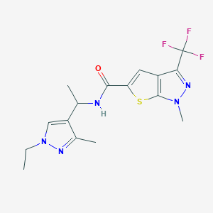 molecular formula C16H18F3N5OS B4371563 N~5~-[1-(1-ETHYL-3-METHYL-1H-PYRAZOL-4-YL)ETHYL]-1-METHYL-3-(TRIFLUOROMETHYL)-1H-THIENO[2,3-C]PYRAZOLE-5-CARBOXAMIDE 