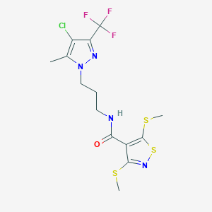 molecular formula C14H16ClF3N4OS3 B4379541 N-{3-[4-CHLORO-5-METHYL-3-(TRIFLUOROMETHYL)-1H-PYRAZOL-1-YL]PROPYL}-3,5-BIS(METHYLSULFANYL)-4-ISOTHIAZOLECARBOXAMIDE 