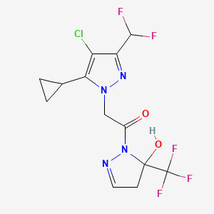 molecular formula C13H12ClF5N4O2 B4383003 2-[4-CHLORO-5-CYCLOPROPYL-3-(DIFLUOROMETHYL)-1H-PYRAZOL-1-YL]-1-[5-HYDROXY-5-(TRIFLUOROMETHYL)-4,5-DIHYDRO-1H-PYRAZOL-1-YL]-1-ETHANONE 
