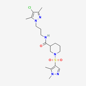 molecular formula C19H29ClN6O3S B4383733 N~3~-[3-(4-CHLORO-3,5-DIMETHYL-1H-PYRAZOL-1-YL)PROPYL]-1-[(1,5-DIMETHYL-1H-PYRAZOL-4-YL)SULFONYL]-3-PIPERIDINECARBOXAMIDE 