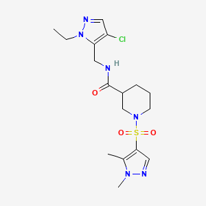 molecular formula C17H25ClN6O3S B4383831 N~3~-[(4-CHLORO-1-ETHYL-1H-PYRAZOL-5-YL)METHYL]-1-[(1,5-DIMETHYL-1H-PYRAZOL-4-YL)SULFONYL]-3-PIPERIDINECARBOXAMIDE 