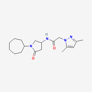 molecular formula C18H28N4O2 B4384363 N-(1-cycloheptyl-5-oxopyrrolidin-3-yl)-2-(3,5-dimethylpyrazol-1-yl)acetamide 