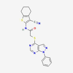 molecular formula C22H18N6OS2 B4391468 N-(3-cyano-4,5,6,7-tetrahydro-1-benzothiophen-2-yl)-2-(1-phenylpyrazolo[3,4-d]pyrimidin-4-yl)sulfanylacetamide 