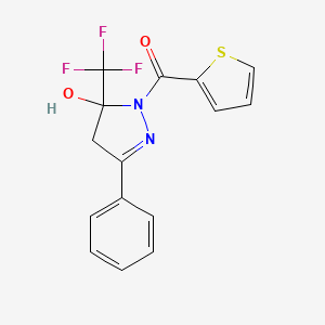 molecular formula C15H11F3N2O2S B4391709 3-Phenyl-1-(thiophene-2-carbonyl)-5-(trifluoromethyl)-4,5-dihydro-1H-pyrazol-5-OL 
