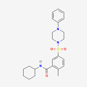 molecular formula C24H31N3O3S B4395585 N-cyclohexyl-2-methyl-5-(4-phenylpiperazin-1-yl)sulfonylbenzamide 