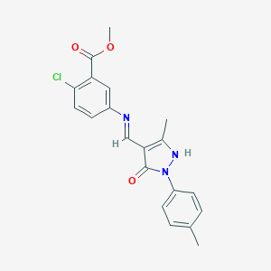 molecular formula C20H18ClN3O3 B439759 METHYL 2-CHLORO-5-({[3-METHYL-1-(4-METHYLPHENYL)-5-OXO-1,5-DIHYDRO-4H-PYRAZOL-4-YLIDEN]METHYL}AMINO)BENZOATE 