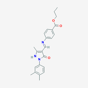molecular formula C23H25N3O3 B439825 PROPYL 4-({[1-(3,4-DIMETHYLPHENYL)-3-METHYL-5-OXO-1,5-DIHYDRO-4H-PYRAZOL-4-YLIDEN]METHYL}AMINO)BENZOATE 