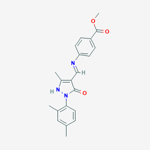 molecular formula C21H21N3O3 B440000 METHYL 4-({[1-(2,4-DIMETHYLPHENYL)-3-METHYL-5-OXO-1,5-DIHYDRO-4H-PYRAZOL-4-YLIDEN]METHYL}AMINO)BENZOATE 