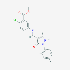 molecular formula C21H20ClN3O3 B440129 METHYL 2-CHLORO-5-({[1-(2,4-DIMETHYLPHENYL)-3-METHYL-5-OXO-1,5-DIHYDRO-4H-PYRAZOL-4-YLIDEN]METHYL}AMINO)BENZOATE 