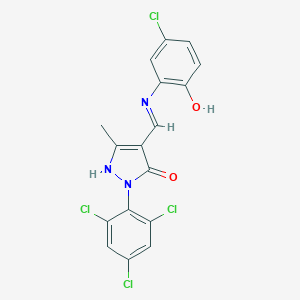 molecular formula C17H11Cl4N3O2 B440816 4-[(Z)-1-(5-CHLORO-2-HYDROXYANILINO)METHYLIDENE]-3-METHYL-1-(2,4,6-TRICHLOROPHENYL)-1H-PYRAZOL-5-ONE 