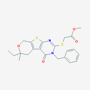 molecular formula C22H24N2O4S2 B441390 methyl 2-[(4-benzyl-12-ethyl-12-methyl-3-oxo-11-oxa-8-thia-4,6-diazatricyclo[7.4.0.02,7]trideca-1(9),2(7),5-trien-5-yl)sulfanyl]acetate CAS No. 353767-51-8