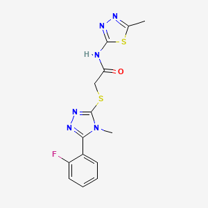 molecular formula C14H13FN6OS2 B4414798 2-{[5-(2-fluorophenyl)-4-methyl-4H-1,2,4-triazol-3-yl]sulfanyl}-N-(5-methyl-1,3,4-thiadiazol-2-yl)acetamide 
