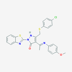 molecular formula C26H21ClN4O2S2 B442146 1-(1,3-BENZOTHIAZOL-2-YL)-3-{[(4-CHLOROPHENYL)SULFANYL]METHYL}-4-[(Z)-1-(4-METHOXYANILINO)ETHYLIDENE]-1H-PYRAZOL-5-ONE CAS No. 353771-03-6