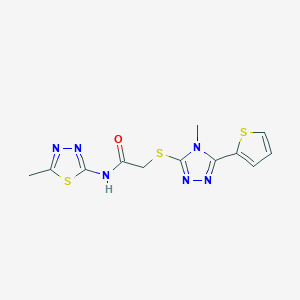 molecular formula C12H12N6OS3 B4422882 N-(5-METHYL-1,3,4-THIADIAZOL-2-YL)-2-{[4-METHYL-5-(2-THIENYL)-4H-1,2,4-TRIAZOL-3-YL]SULFANYL}ACETAMIDE 