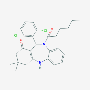6-(2,6-Dichlorophenyl)-5-hexanoyl-9,9-dimethyl-6,8,10,11-tetrahydrobenzo[b][1,4]benzodiazepin-7-one