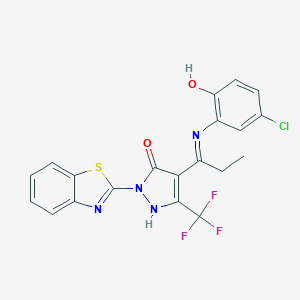 molecular formula C20H14ClF3N4O2S B442442 2-(1,3-benzothiazol-2-yl)-4-[1-(5-chloro-2-hydroxyanilino)propylidene]-5-(trifluoromethyl)-2,4-dihydro-3H-pyrazol-3-one CAS No. 353773-39-4