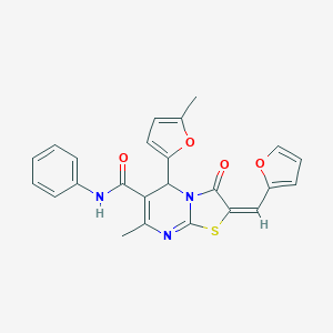 molecular formula C24H19N3O4S B442446 (E)-2-(furan-2-ylmethylene)-7-methyl-5-(5-methylfuran-2-yl)-3-oxo-N-phenyl-3,5-dihydro-2H-thiazolo[3,2-a]pyrimidine-6-carboxamide CAS No. 353773-13-4