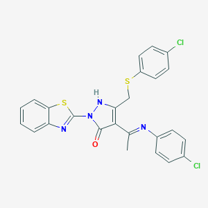 molecular formula C25H18Cl2N4OS2 B442451 2-(1,3-benzothiazol-2-yl)-4-[(4-chlorophenyl)ethanimidoyl]-5-{[(4-chlorophenyl)sulfanyl]methyl}-1,2-dihydro-3H-pyrazol-3-one 