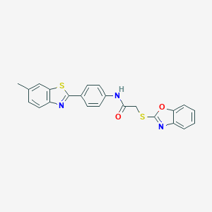 molecular formula C23H17N3O2S2 B442454 2-(1,3-benzoxazol-2-ylsulfanyl)-N-[4-(6-methyl-1,3-benzothiazol-2-yl)phenyl]acetamide CAS No. 312621-53-7