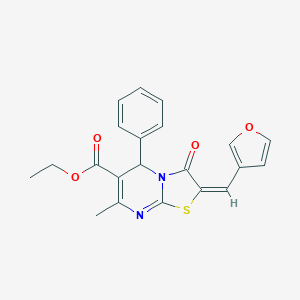 molecular formula C21H18N2O4S B442459 ETHYL 2-[(E)-1-(3-FURYL)METHYLIDENE]-7-METHYL-3-OXO-5-PHENYL-2,3-DIHYDRO-5H-[1,3]THIAZOLO[3,2-A]PYRIMIDINE-6-CARBOXYLATE 