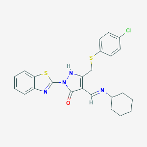 molecular formula C24H23ClN4OS2 B442468 (4Z)-2-(1,3-benzothiazol-2-yl)-5-{[(4-chlorophenyl)sulfanyl]methyl}-4-[(cyclohexylamino)methylidene]-2,4-dihydro-3H-pyrazol-3-one CAS No. 371946-69-9