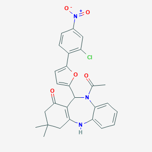 molecular formula C27H24ClN3O5 B442482 5-Acetyl-6-[5-(2-chloro-4-nitro-phenyl)-2-furyl]-9,9-dimethyl-6,8,10,11-tetrahydrobenzo[b][1,4]benzodiazepin-7-one 