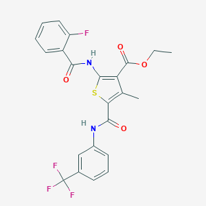 molecular formula C23H18F4N2O4S B442547 Ethyl 2-[(2-fluorobenzoyl)amino]-4-methyl-5-{[3-(trifluoromethyl)anilino]carbonyl}-3-thiophenecarboxylate 