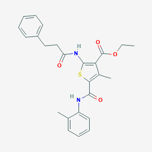 molecular formula C25H26N2O4S B442552 Ethyl 4-methyl-2-[(3-phenylpropanoyl)amino]-5-(2-toluidinocarbonyl)-3-thiophenecarboxylate 
