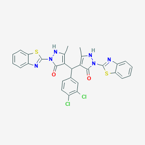1-(1,3-benzothiazol-2-yl)-4-[[1-(1,3-benzothiazol-2-yl)-5-hydroxy-3-methyl-1H-pyrazol-4-yl](3,4-dichlorophenyl)methyl]-3-methyl-1H-pyrazol-5-ol