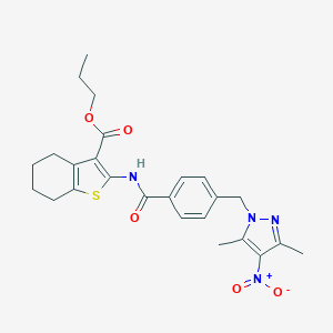 molecular formula C25H28N4O5S B442782 PROPYL 2-({4-[(3,5-DIMETHYL-4-NITRO-1H-PYRAZOL-1-YL)METHYL]BENZOYL}AMINO)-4,5,6,7-TETRAHYDRO-1-BENZOTHIOPHENE-3-CARBOXYLATE 
