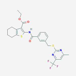 molecular formula C25H24F3N3O3S2 B442801 Ethyl 2-({[3-({[4-methyl-6-(trifluoromethyl)pyrimidin-2-yl]sulfanyl}methyl)phenyl]carbonyl}amino)-4,5,6,7-tetrahydro-1-benzothiophene-3-carboxylate 