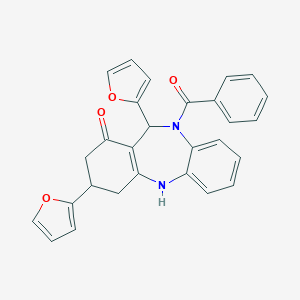 molecular formula C28H22N2O4 B442847 [3,11-di(2-furyl)-1-hydroxy-2,3,4,11-tetrahydro-10H-dibenzo[b,e][1,4]diazepin-10-yl](phenyl)methanone 