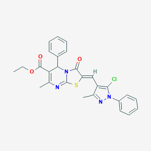 molecular formula C27H23ClN4O3S B442908 ETHYL 2-[(Z)-1-(5-CHLORO-3-METHYL-1-PHENYL-1H-PYRAZOL-4-YL)METHYLIDENE]-7-METHYL-3-OXO-5-PHENYL-5H-[1,3]THIAZOLO[3,2-A]PYRIMIDINE-6(3H)-CARBOXYLATE 