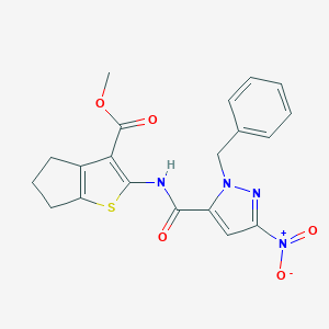 molecular formula C20H18N4O5S B443071 methyl 2-{[(1-benzyl-3-nitro-1H-pyrazol-5-yl)carbonyl]amino}-5,6-dihydro-4H-cyclopenta[b]thiophene-3-carboxylate 
