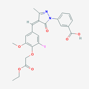 molecular formula C23H21IN2O7 B443176 3-[4-{(Z)-1-[4-(2-ETHOXY-2-OXOETHOXY)-3-IODO-5-METHOXYPHENYL]METHYLIDENE}-3-METHYL-5-OXO-1H-PYRAZOL-1(5H)-YL]BENZOIC ACID 