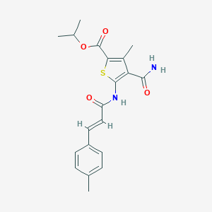 molecular formula C20H22N2O4S B443472 Isopropyl 4-(aminocarbonyl)-3-methyl-5-{[3-(4-methylphenyl)acryloyl]amino}-2-thiophenecarboxylate 