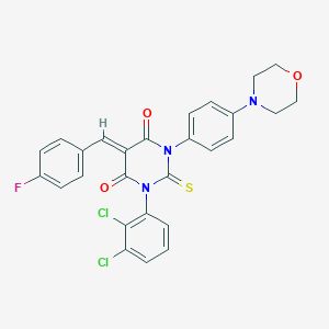 molecular formula C27H20Cl2FN3O3S B044372 1-(2,3-Dichlorophenyl)-5-(p-fluorobenzylidene)-3-(4-(morpholino)phenyl)thiobarbituric acid CAS No. 121608-30-8