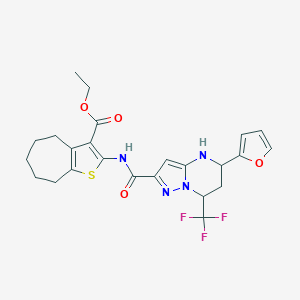 molecular formula C24H25F3N4O4S B444028 ethyl 2-({[5-(2-furyl)-7-(trifluoromethyl)-4,5,6,7-tetrahydropyrazolo[1,5-a]pyrimidin-2-yl]carbonyl}amino)-5,6,7,8-tetrahydro-4H-cyclohepta[b]thiophene-3-carboxylate 