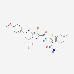 molecular formula C25H25BrF3N5O3S B444062 3-bromo-N-(3-carbamoyl-6-methyl-4,5,6,7-tetrahydro-1-benzothiophen-2-yl)-5-(4-methoxyphenyl)-7-(trifluoromethyl)-4,5,6,7-tetrahydropyrazolo[1,5-a]pyrimidine-2-carboxamide 